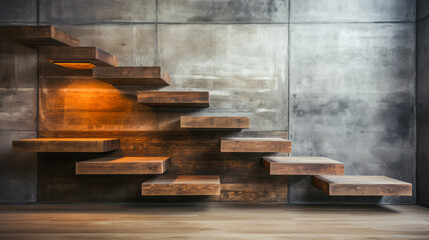 Modern wooden staircase design featuring minimalist styling and concrete wall backdrop, creating a stylish focal point in the interior space