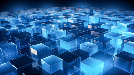 Abstract layout of transparent blue cubes creating a futuristic 3D design with dynamic lighting effects in a digital environment