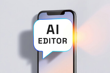 AI EDITOR inscription text words speech bubble on the background of a smartphone