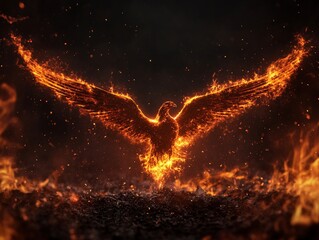 A vibrant phoenix rising from smoldering ashes, symbolizing rebirth and strength