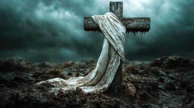 Wooden cross draped with stained cloth in stormy landscape.