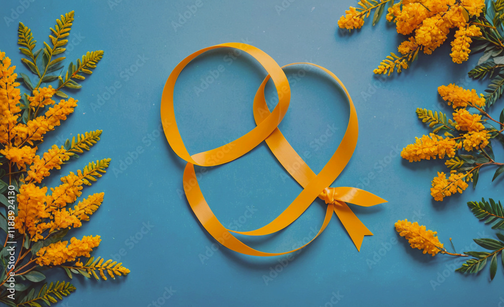 Poster yellow ribbon is tied in a bow and is placed on a blue background. the ribbon is in the shape of a h