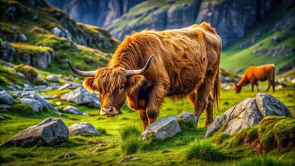 Scottish Highland cow, a majestic brown creature, enjoys a serene landscape of grass and rocks.