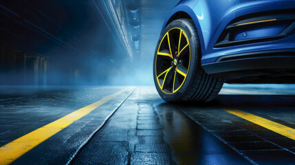 Close-up view of a blue sports car with yellow rims parked on a wet road at night in an industrial setting