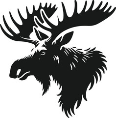 A striking black and white silhouette of a moose head, showcasing its large antlers and detailed fur.