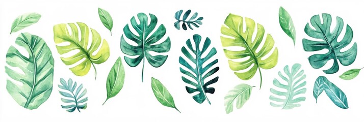 Fototapeta premium Watercolor Tropical Leaves Collection Green Teal Nature Design Element