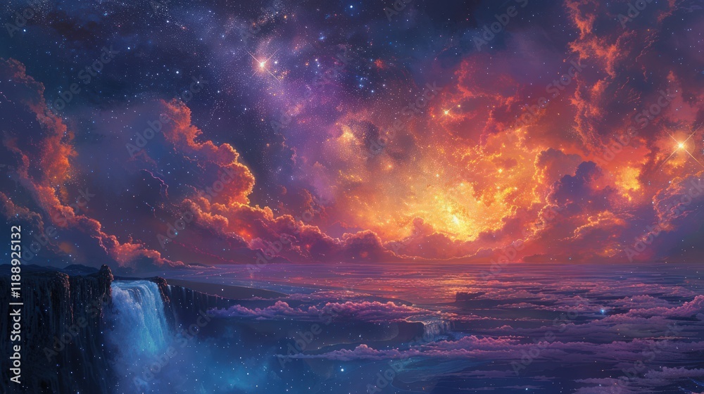 Wall mural Fiery sunset over a fantastical landscape with waterfalls and clouds.