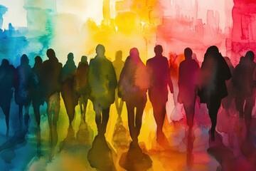 Vivid watercolor depiction of a bustling urban crowd in motion, perfect for travel blogs and lifestyle content creators seeking vibrant visuals