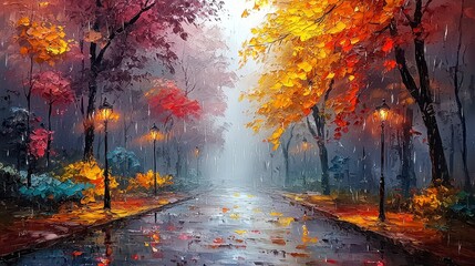 Rainy autumn alley with colorful trees, streetlights, and wet pavement.