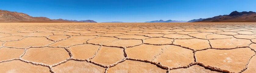 Vast Dry Desert Landscape with Cracked Soil and Clear Blue Sky Under Bright Sunlight