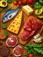 Trendy ketogenic diet products set. Paleo, pegan low carbs nutrition. Meat, fish, cheese, fruits and vegetables. Wooden boards background