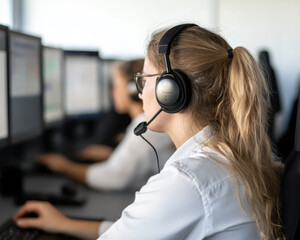 Efficient air traffic control training session with specialists using headsets. Focused individuals monitor screens, ensuring safety and communication in aviation