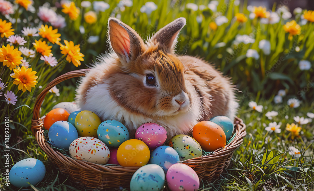 Poster rabbit is laying in a basket full of easter eggs. the basket is full of eggs of different colors