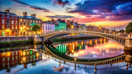 Obraz premium Stunning Ha'penny Bridge photo, a high-resolution Dublin cityscape image highlighting Irish architecture and scenic beauty, deep depth of field.