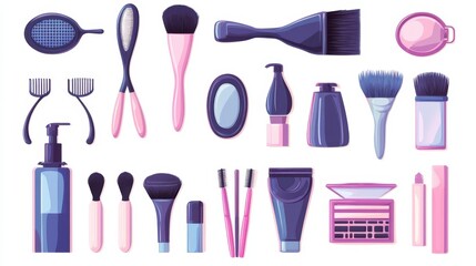 Stylist services flat icons set. Hairdressing procedures, beautician tutorial. Beauty salon, makeup courses, professional makeup metaphors. Vector isolated concept metaphor illustrations.