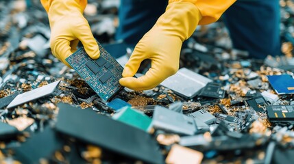 Workers in protective yellow gloves extract valuable metals like gold, copper from electronic waste in modern recycling facility. Industrial recycling process showcased in eco-friendly tech facility.