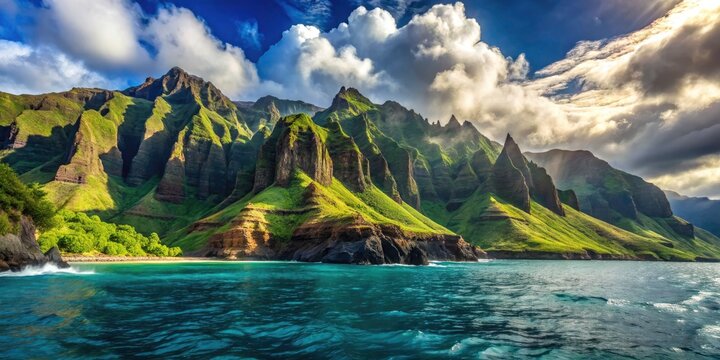 Stunning Napali Coast boat tour photo showcases Kauai's island paradise.