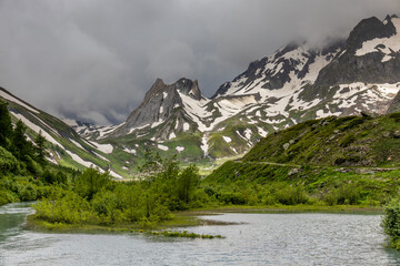 Val Veny mountain landscape in Courmayeur, italian Alps on Tour du Mont Blanc hiking route TMB....