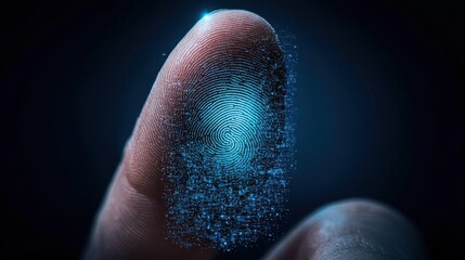 close up of finger with bright digital fingerprint overlay, showcasing advanced biometric technology and security features. image conveys sense of innovation and modernity