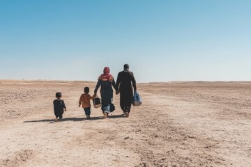 Refugee family walking in desert carrying bags seeking asylum
