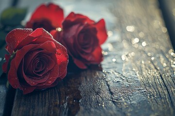 Dew-kissed red roses captured in close-up on a rustic wooden background, enhanced by a soft bokeh effect that emphasizes vintage charm and provides generous space for text