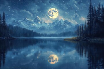 mystical mountain lake scene full moon reflection on calm waters with snowcapped peaks and starlit sky fantasy digital art landscape