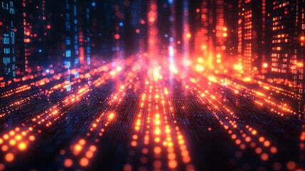 Abstract digital matrix with glowing particles creating a futuristic network landscape