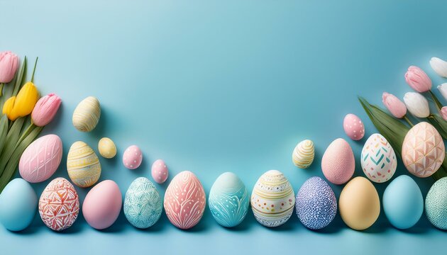 pastel colored easter eggs with numerous patterns forming a border on a light blue background
