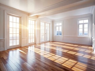Obraz premium Tilt-shift photography captures sunlit shadows in a minimalist white room with a bright wood floor.