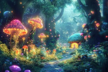 Obraz premium Enchanting Luminous Mushroom Forest House Scene