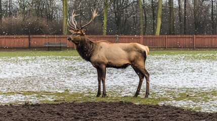 Fototapeta premium Majestic elk standing in snowy field nature reserve wildlife winter scene side view serenity