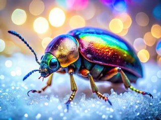 Naklejka premium Vibrant fantasy bug, a surreal macro study, its psychedelic hues against pure white.