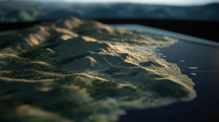 detailed topographic model showcasing rolling hills and coastal features, highlighting natural landscape with lush greenery and water