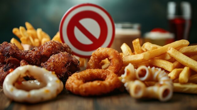 fast food, low carb diet, fattening and unhealthy eating concept - close up of deep-fried squid rings, french fries and other snacks behind no symbol or circle-backslash prohibition sign