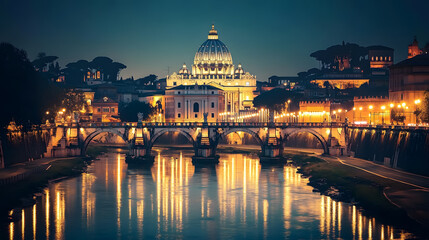 Fototapeta premium A night view of St. Peter's Basilica in Rome, Italy.
