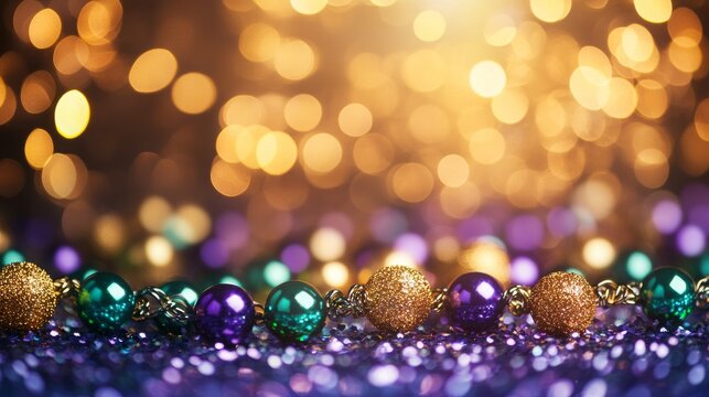 Colorful beads and glitter shine in festive arrangements on a shimmering surface creating a vibrant backdrop for celebrations and joyous gatherings during the holiday season.