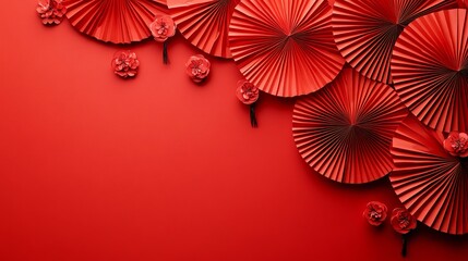 Obraz premium Chinese New Year celebration concept. Banner design with red paper fans decorations on red background with copy space.