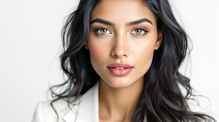 Fototapeta premium Portrait of Indian woman with long dark hair and subtle makeup directly camera is wearing white blazer