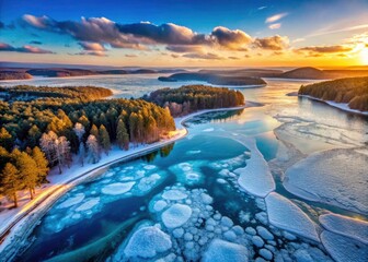 Naklejka premium Winter's icy grip: a drone's-eye view of stunning frozen lake formations.