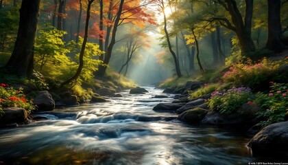 Obraz premium Serene Forest Stream: Sunlit Autumn Landscape in Impressionistic Style