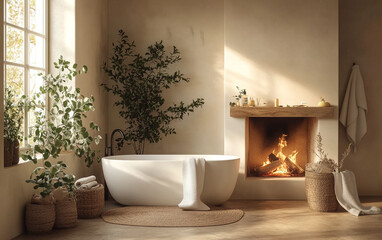Fototapeta premium Cozy spa-like home bathroom featuring a neutral color palette, eucalyptus plants, and calming design elements for a tranquil and relaxing atmosphere.