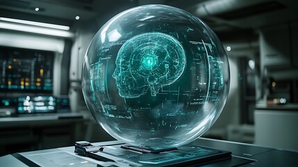 Holographic Brain Projection In Futuristic Glass Sphere