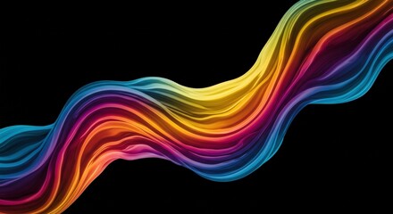 Rainbow Wave Abstract: A vibrant, dynamic abstract image featuring a flowing wave of rainbow colors against a stark black background.  The colors blend seamlessly.