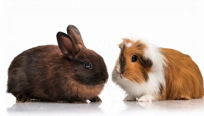 Fototapeta premium little dwarf rabbit with guinea pig remoted on white