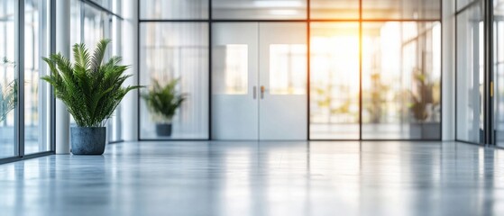 Fototapeta premium A Modern office interior with large windows and potted plants, creating bright atmosphere