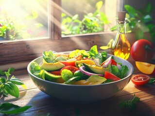 A vibrant salad bowl filled with fresh greens, tomatoes, and peppers, placed on a rustic wooden table near a sunlit window, with olive oil and herbs enhancing the scene