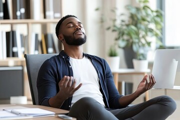 A relaxed employee meditating at their desk during a break