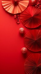 Chinese New Year celebration concept. Banner design with red paper fans decorations on red background with copy space.