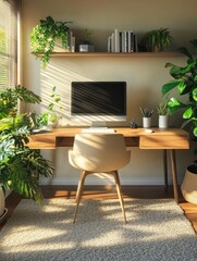 Fototapeta premium A chic home office featuring a sleek modern desk with a computer, adorned with vibrant green plants in a sunlit space, creating an ideal environment for productivity and creativity