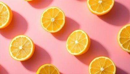 Obraz premium Uniform pattern of dried lemon slices with shadow on a pink background. Flat lay. Repeated lemon on the pink background. Slice of fresh orange isolated on yellow & pink background